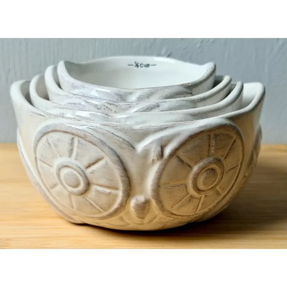 Vintage 1970s Ceramic Owl Nesting Measuring Cups, Set of 4
